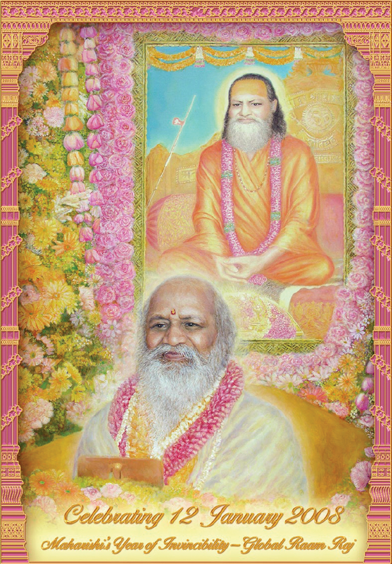 Maharishi smiling sitting in front of a picture of Guru Dev surrounded by masses of flowers