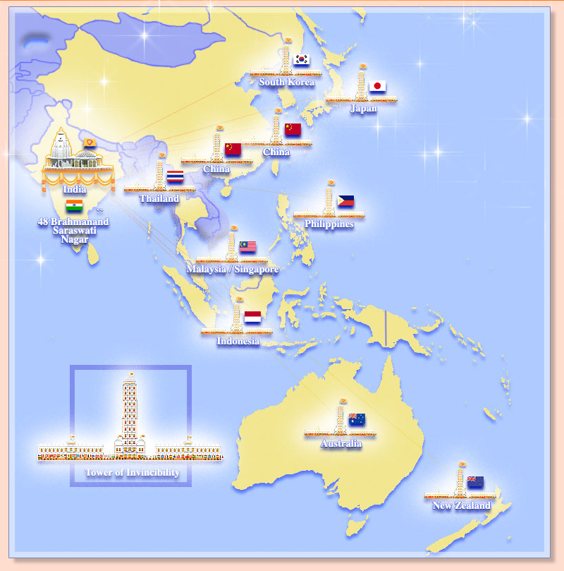 Map of Asia and Oceania showing towers of invincibility and flags of the invincible nations