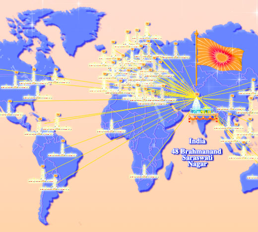 World map with towers of invincibility and flag of the Global Country of World Peace