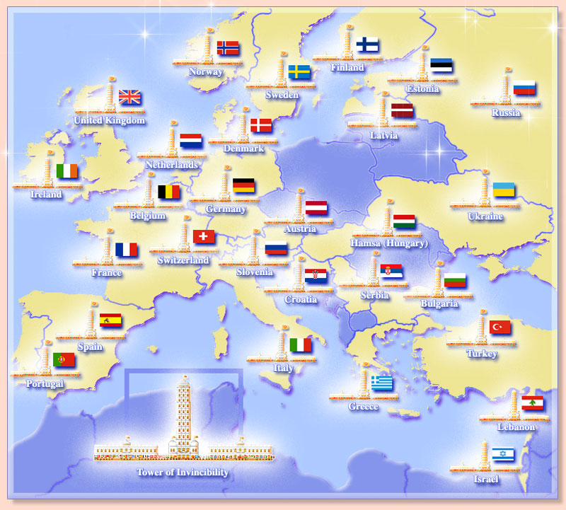 Map of Europe showing Towers of Invincibility and flags of the invincible nations