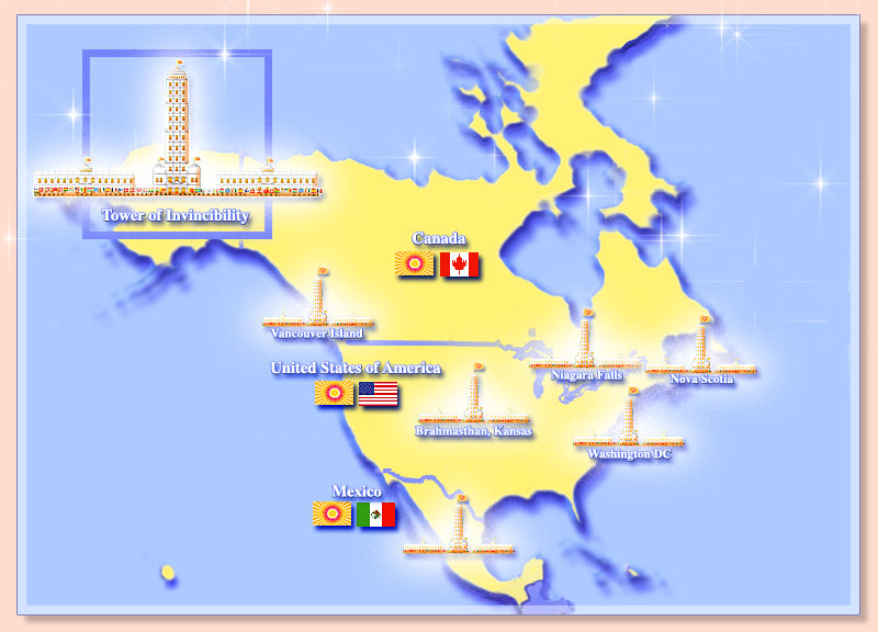 Map of North America showing towers of invinciblity and the flags of the invincible nations