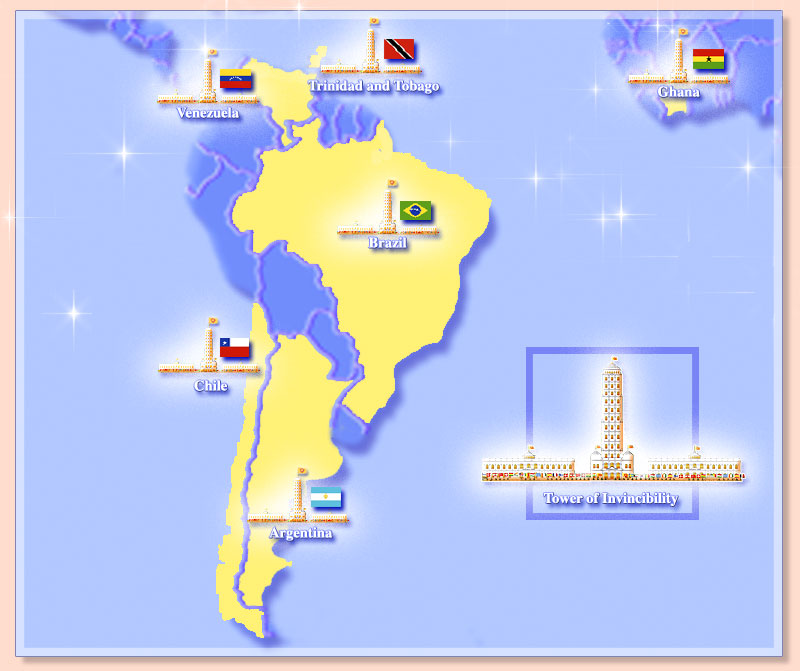 Map of South America showing towers of invincibility and flags of the invincible nations